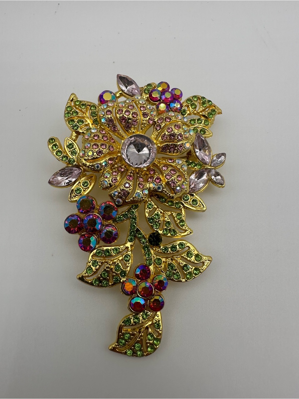 Gold-Tone Multicolor Crystal Flower Brooch - Pink, Green, Iridescent